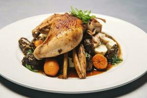 AI generated Plated chicken roast dinner on a white plate with carrot and morel mushroom. AI Generated. photo
