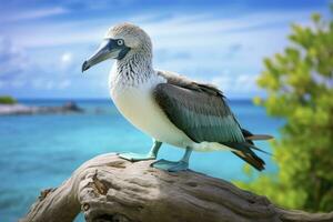 AI generated The rare blue-footed booby rests on the beach. AI Generated photo