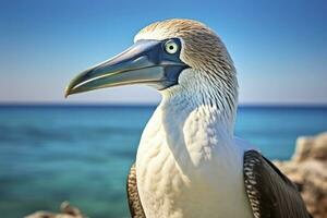 AI generated The rare blue-footed booby rests on the beach. AI Generated photo