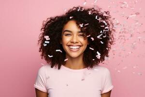 AI generated Portrait of beautiful young woman with confetti on isolated background generative AI photo