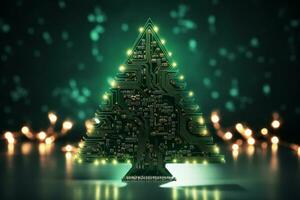 AI generated Christmas tree made with circuit board technology concept photo