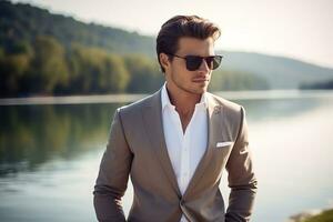 AI generated portrait of sexy handsome fashion businessman model dressed in elegant suit posing behind lake photo