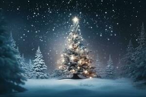 AI generated illuminated pine christmas tree snowy forest night photo