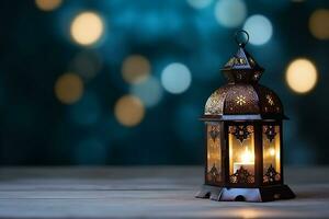 AI generated Ornamental Arabic lantern glowing for Muslim holy month Ramadan Kareem photo