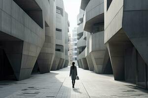 AI generated Woman walking in futuristic brutalist city street.  AI Generated. photo