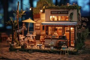 AI generated A charming and cozy coffee shop Set beside a busy highway with Warm and golden sunset light, and a Picturesque sunset view with vibrant colors. AI Generative photo