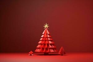 AI generated Red Christmas tree made with card paper copy space red isolated background photo