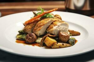AI generated Plated chicken roast dinner on a white plate with carrot and morel mushroom. AI Generated. photo