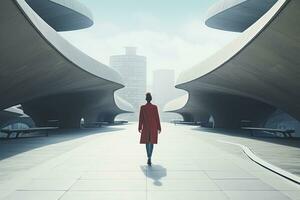 AI generated Woman walking in futuristic brutalist city street.  AI Generated. photo