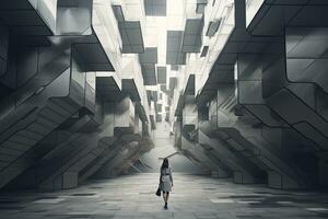 AI generated Woman walking in futuristic brutalist city street.  AI Generated. photo