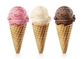 AI generated Chocolate, vanilla and strawberry Ice cream in the cone on white background. AI Generated photo