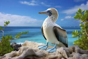 AI generated The rare blue-footed booby rests on the beach. AI Generated photo