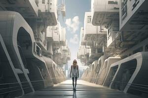 AI generated Woman walking in futuristic brutalist city street.  AI Generated. photo