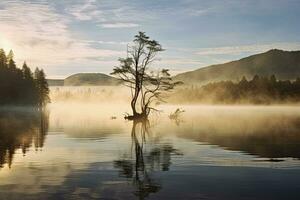 AI generated Wanaka's lone willow tree which is situated just off of the lake shore. AI Generated photo