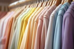 ai generado vistoso ropa en un ropa estante, pastel vistoso armario en un compras Tienda o dormitorio, arco iris color ropa elección en perchas, hogar guardarropa concepto imagen. ai generativo foto