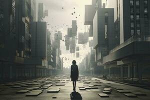 AI generated Woman walking in futuristic brutalist city street.  AI Generated. photo