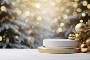 AI generated 3d rendered white and snowy Podium display for merry Christmas event photo