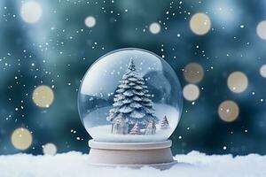 AI generated Crystal ball with a snowy christmas tree fir tree inside falling snow realistic holiday decoration photo