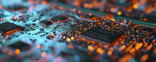 AI generated Printed circuit board futuristic server Circuit board futuristic server code processing. Orange, green, blue technology background with bokeh. photo