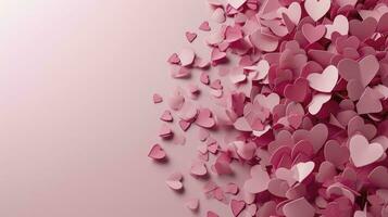 AI generated Paper pink hearts fly on soft pink color background, border, copy space. Valentine day concept for design. photo