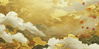 AI generated Japanese-Inspired Golden Leaf Frame with Watercolor Waves, Clouds, and Traditional Patterns. Exquisite Design for a Luxurious Paper Treatment or Banner with a Touch of Japan. photo