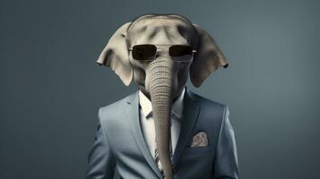 ai generado elefante es vistiendo un traje y Gafas de sol foto