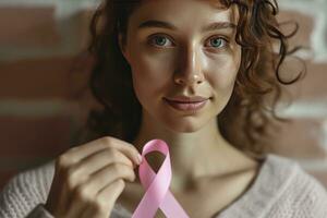 AI generated October breast cancer awareness month, woman with hand holding pink ribbon for supporting people living and illness. Healthcare, world cancer day concept. photo