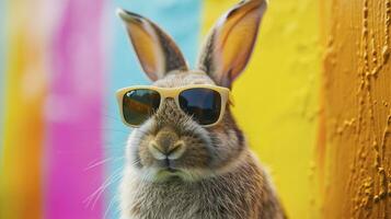 AI generated Cool bunny with sunglasses on colorful background photo