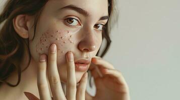 AI generated Young woman with acne problem squishing pimples on light background with space for text photo