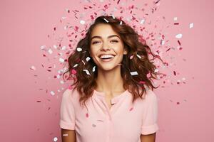 AI generated Portrait of beautiful young woman with confetti on isolated background generative AI photo