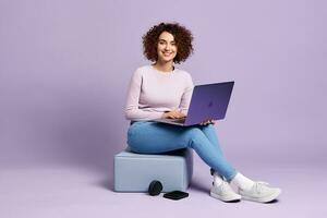 AI generated Portrait of attractive cheerful girl sitting using laptop isolated background photo