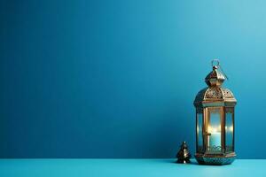 AI generated Arabic lantern glowing on blue background holy month Ramadan Kareem photo