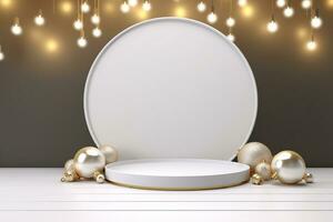 AI generated 3d rendered white and snowy Podium display for merry Christmas event photo