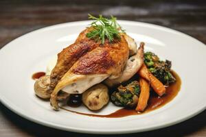 AI generated Plated chicken roast dinner on a white plate with carrot and morel mushroom. AI Generated. photo