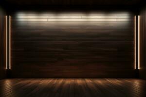 AI generated 3d rendered empty wooden room with lights and copy space photo