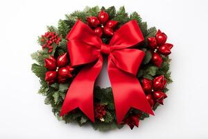 AI generated top view of decorative festive wreath with red and golden christmas toys isolated on white photo