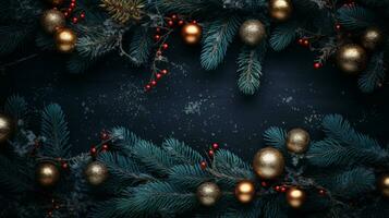 ai generado Navidad Días festivos composición de abeto árbol ramas con adornos y regalos Copiar espacio foto