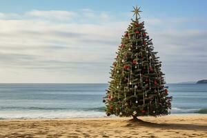 AI generated Christmas tree on the beach at sunset photo