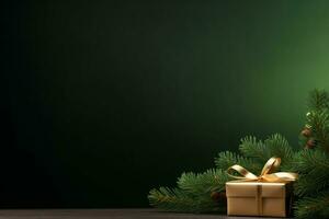 AI generated green gift box with Christmas ornament on green background photo