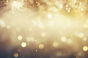 AI generated Gold Vintage Fireworks and bokeh on New Year's Eve and copy space. AI Generated photo