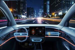 AI generated Modern smart car technology intelligent system using Heads up display HUD Autonomous self driving mode vehicle on city road with graphic sensor radar signal system intelligent car. photo