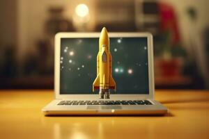 AI generated Launching a new product or service. Technology development process. Space rocket launch. 3d render. Yellow rocket lift up from the display laptop. AI Generative photo