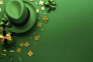 AI generated St Patrick's Day concept. leprechaun headwear gift boxes pot with gold coins. AI Generated photo