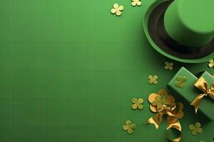 AI generated St Patrick's Day concept. leprechaun headwear gift boxes pot with gold coins. AI Generated photo