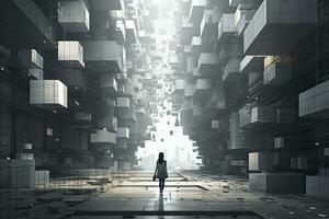 AI generated Woman walking in futuristic brutalist city street.  AI Generated. photo