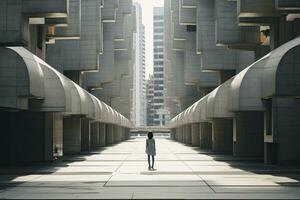 AI generated Woman walking in futuristic brutalist city street.  AI Generated. photo