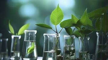 AI generated Biotechnology concept with green plant leaves, laboratory glassware, and conducting research, illustrating the powerful combination of nature and science in medical advancements. photo