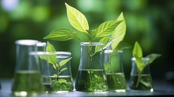 AI generated Biotechnology concept with green plant leaves, laboratory glassware, and conducting research, illustrating the powerful combination of nature and science in medical advancements. photo