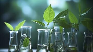 ai generado biotecnología concepto con verde planta hojas, laboratorio cristalería, y conductible investigación, ilustrando el poderoso combinación de naturaleza y Ciencias en médico avances foto