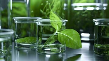 AI generated Biotechnology concept with green plant leaves, laboratory glassware, and conducting research, illustrating the powerful combination of nature and science in medical advancements. photo